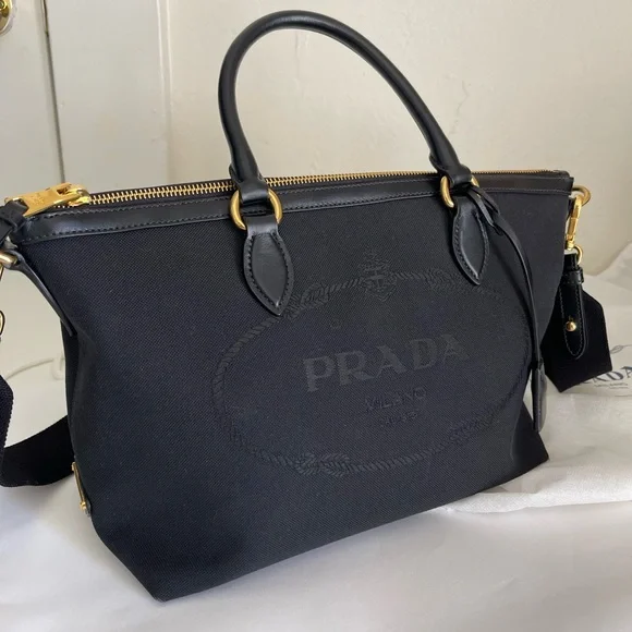 Prada Logo Jacquard Black Canvas Satchel - Authentic - Picture 2 of 15